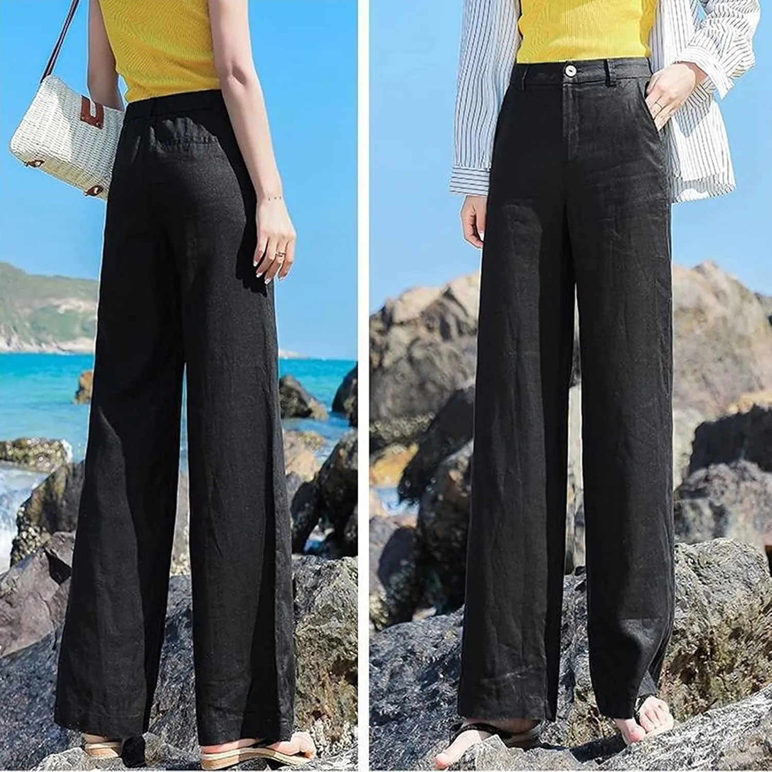 Womens Wide Leg Linen Pants Wide Leg Pants Button Up Straight Leg Trousers Linen Blend Pants