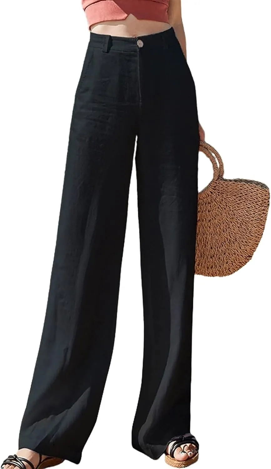 Womens Wide Leg Linen Pants Wide Leg Pants Button Up Straight Leg Trousers Linen Blend Pants